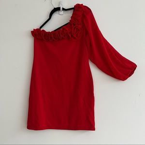 Venus Red Rose Bud Neckline One Shoulder Long Split Sleeve Mini Dress Size 14